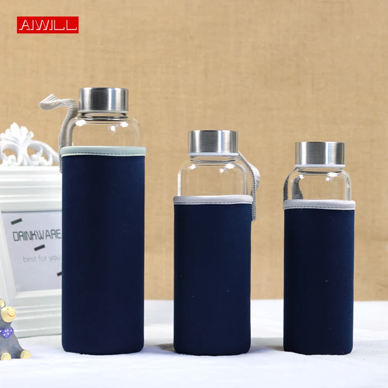 AIWILL Hot Selling Glass Sport Water Bottle With Protective Bag 280ml / 360ml / 550ml Fruit Outdoor Bike Bottles High Quality
