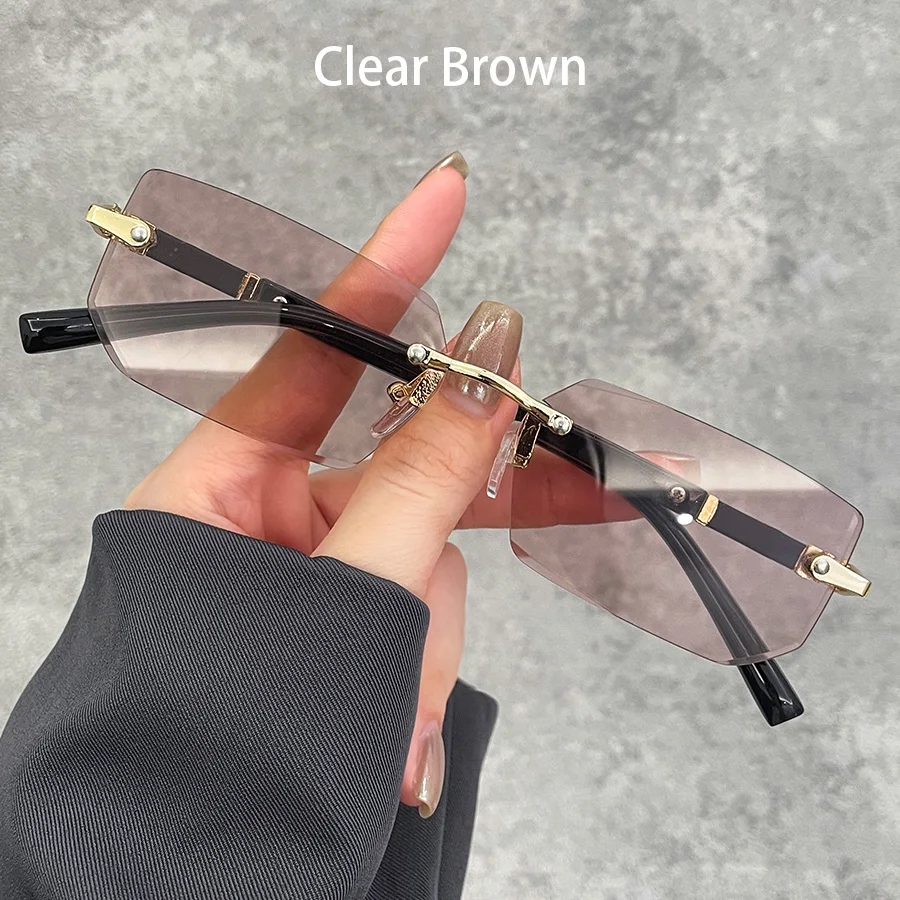 Luxury Rimless Business Rectangle Gradient Lenses Unisex Fashion Sunglasses Women Men Fashion Colored Lenses Metal Frame Glasses