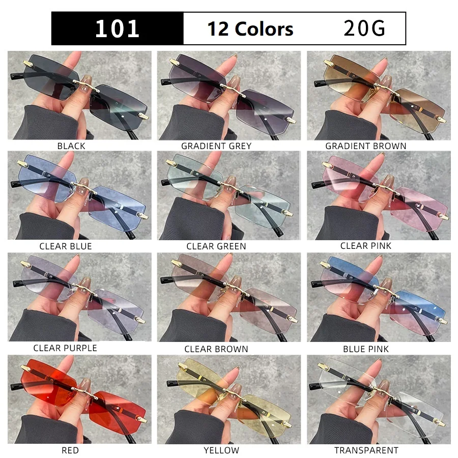 Luxury Rimless Business Rectangle Gradient Lenses Unisex Fashion Sunglasses Women Men Fashion Colored Lenses Metal Frame Glasses