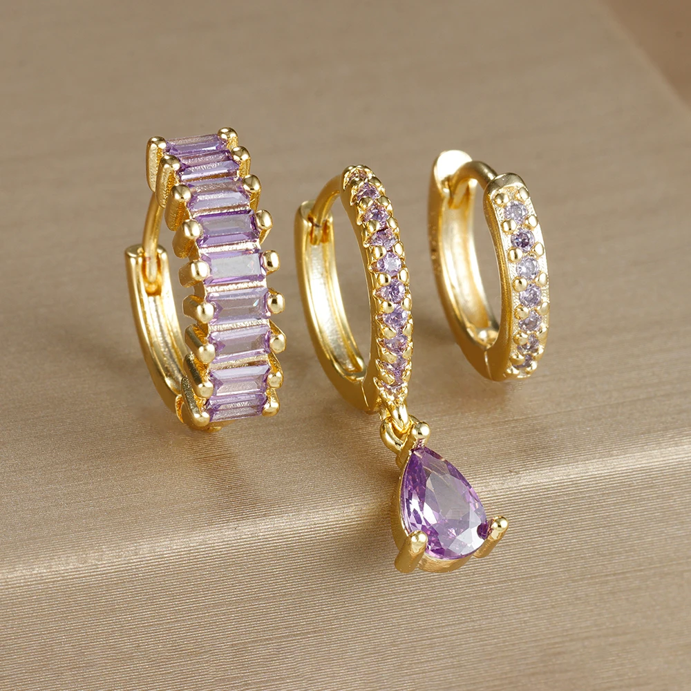 3PCS Colorful Cubic Zirconia Stainless Steel Hoop Earrings Set for Women Pendant Water Drop Earring Cartilage Piercing Jewelry