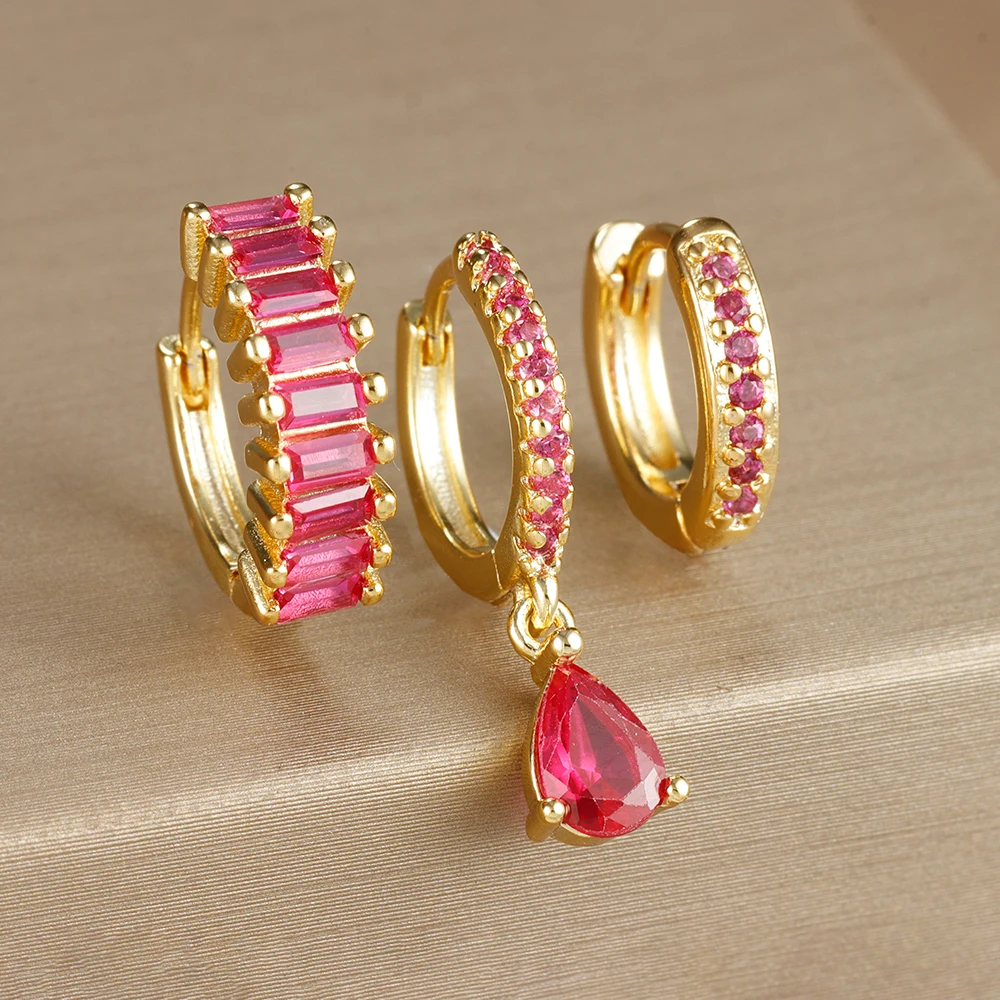 3PCS Colorful Cubic Zirconia Stainless Steel Hoop Earrings Set for Women Pendant Water Drop Earring Cartilage Piercing Jewelry