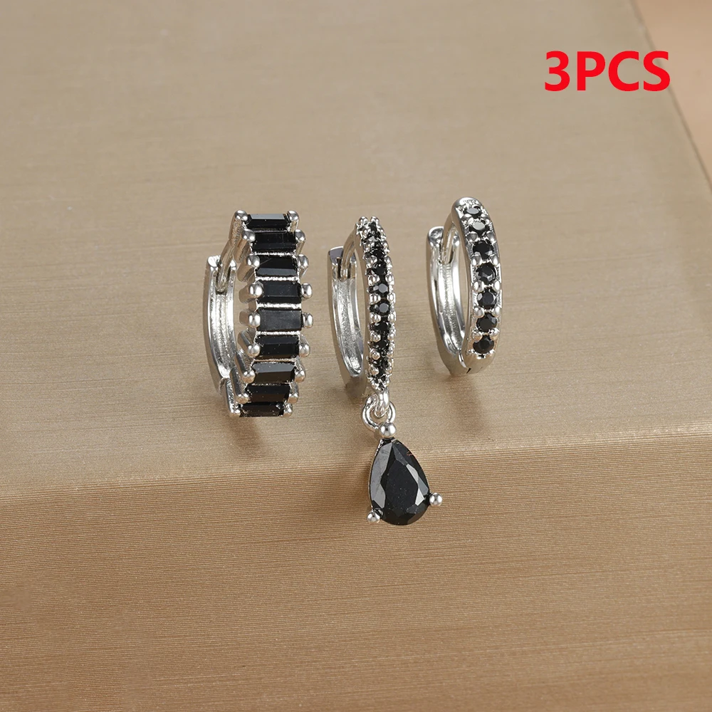 3PCS Colorful Cubic Zirconia Stainless Steel Hoop Earrings Set for Women Pendant Water Drop Earring Cartilage Piercing Jewelry
