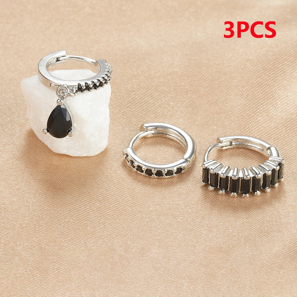 3PCS Colorful Cubic Zirconia Stainless Steel Hoop Earrings Set for Women Pendant Water Drop Earring Cartilage Piercing Jewelry