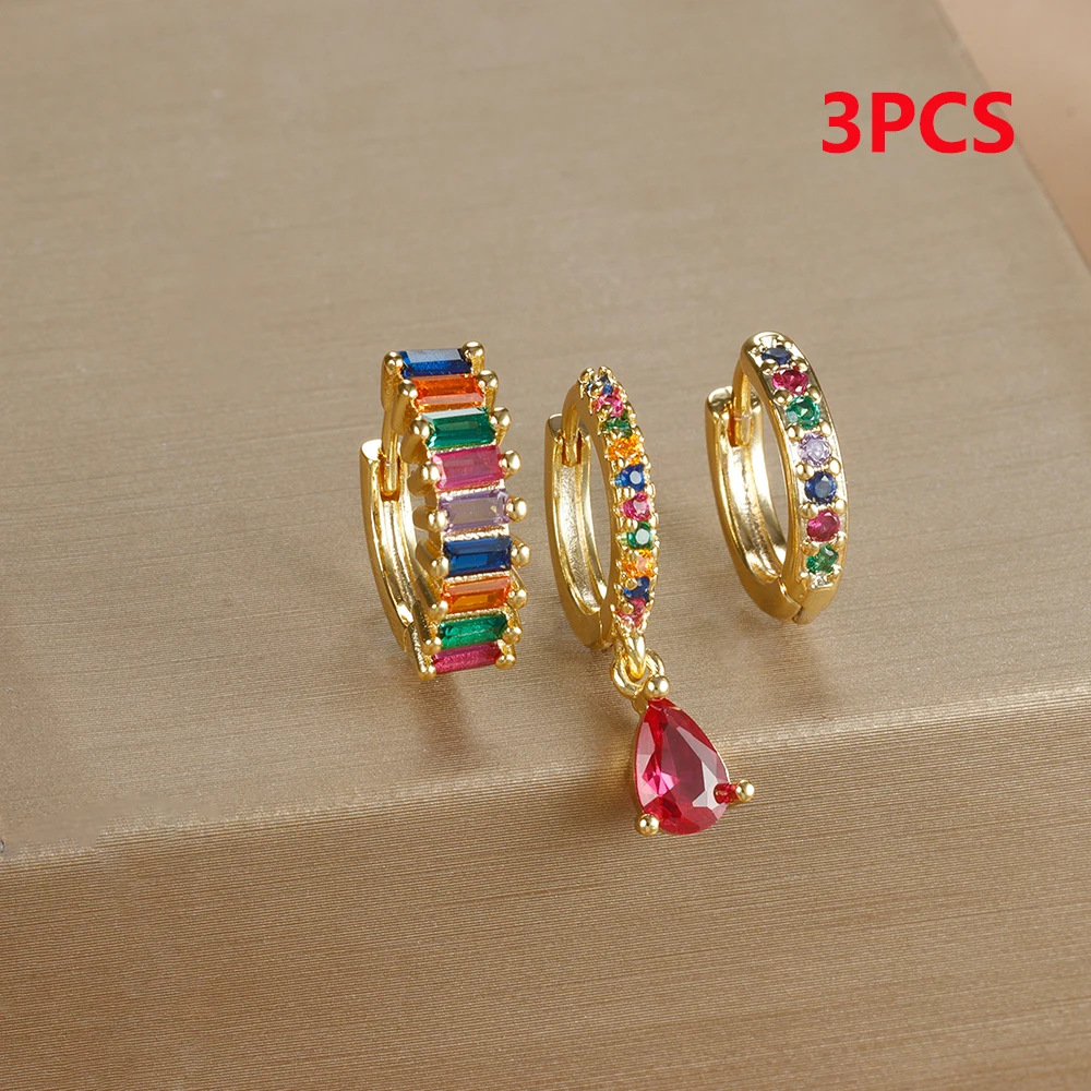 3PCS Colorful Cubic Zirconia Stainless Steel Hoop Earrings Set for Women Pendant Water Drop Earring Cartilage Piercing Jewelry