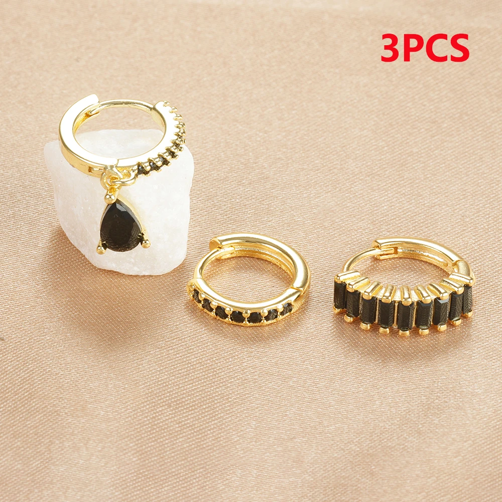 3PCS Colorful Cubic Zirconia Stainless Steel Hoop Earrings Set for Women Pendant Water Drop Earring Cartilage Piercing Jewelry