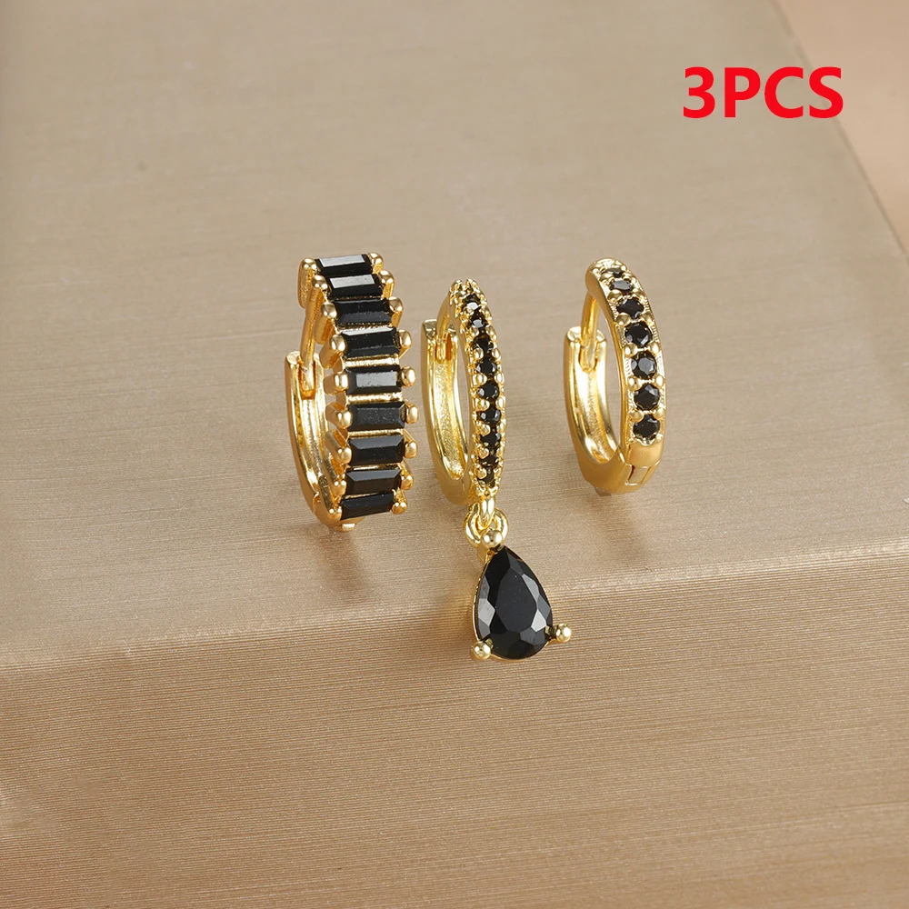 3PCS Colorful Cubic Zirconia Stainless Steel Hoop Earrings Set for Women Pendant Water Drop Earring Cartilage Piercing Jewelry