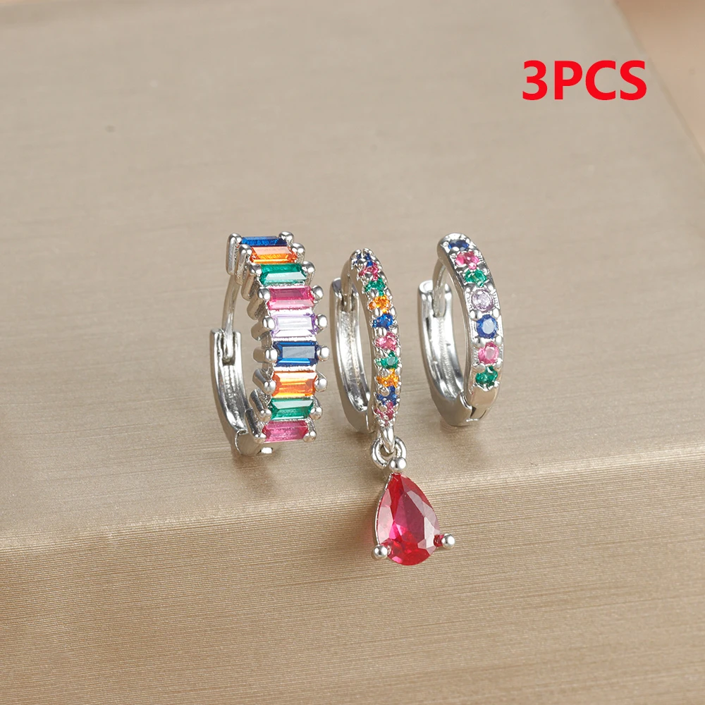 3PCS Colorful Cubic Zirconia Stainless Steel Hoop Earrings Set for Women Pendant Water Drop Earring Cartilage Piercing Jewelry