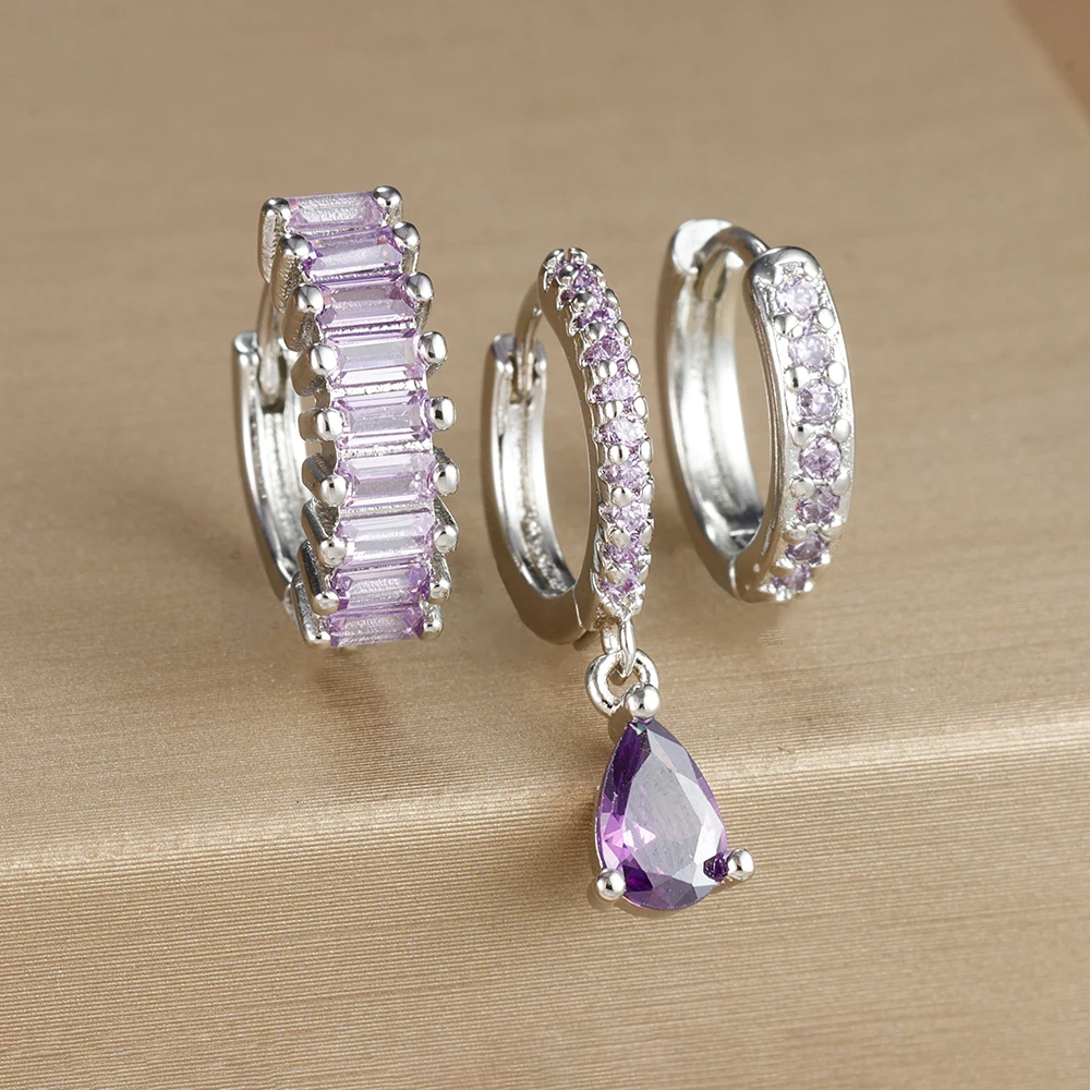 3PCS Colorful Cubic Zirconia Stainless Steel Hoop Earrings Set for Women Pendant Water Drop Earring Cartilage Piercing Jewelry