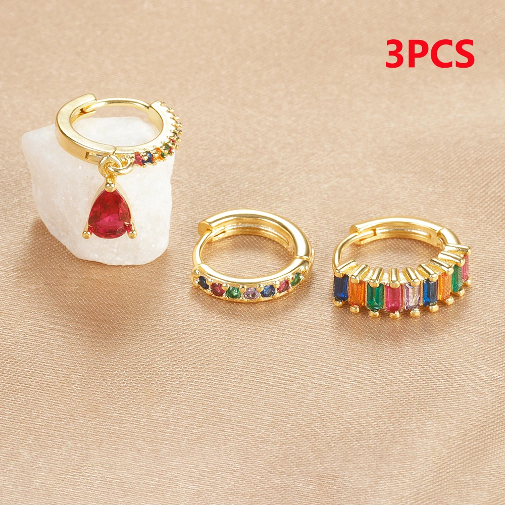3PCS Colorful Cubic Zirconia Stainless Steel Hoop Earrings Set for Women Pendant Water Drop Earring Cartilage Piercing Jewelry