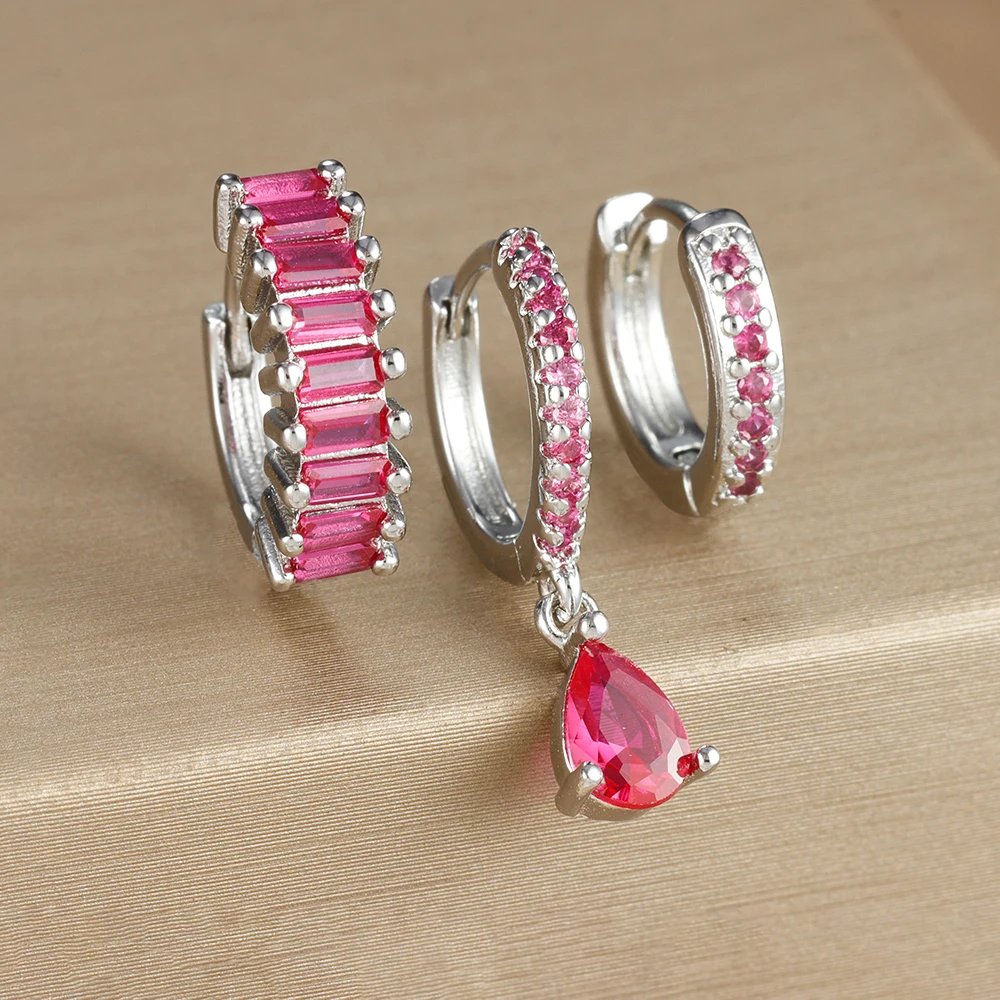 3PCS Colorful Cubic Zirconia Stainless Steel Hoop Earrings Set for Women Pendant Water Drop Earring Cartilage Piercing Jewelry