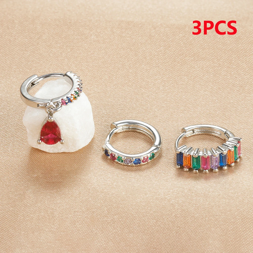 3PCS Colorful Cubic Zirconia Stainless Steel Hoop Earrings Set for Women Pendant Water Drop Earring Cartilage Piercing Jewelry