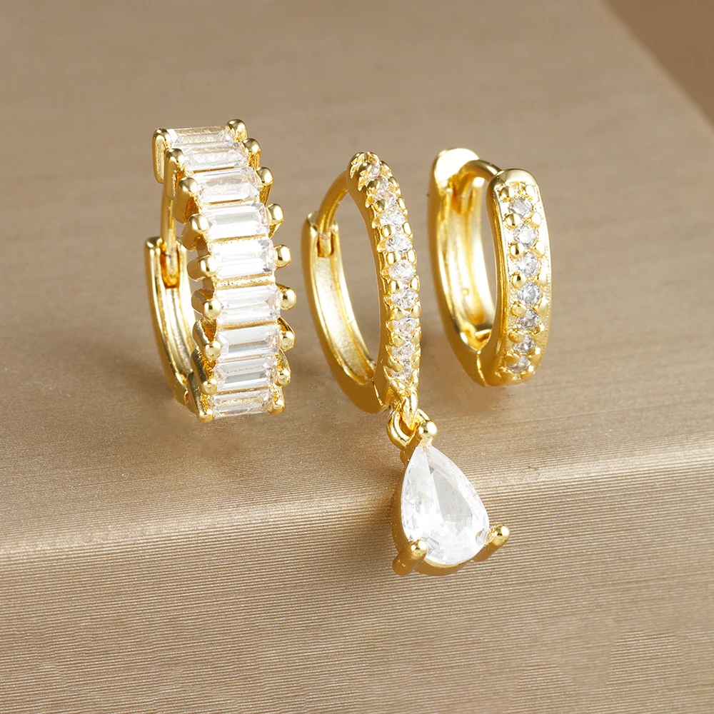 3PCS Colorful Cubic Zirconia Stainless Steel Hoop Earrings Set for Women Pendant Water Drop Earring Cartilage Piercing Jewelry