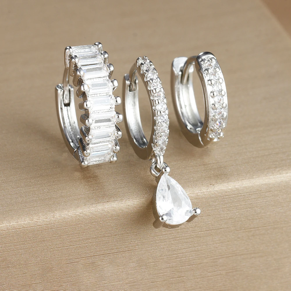 3PCS Colorful Cubic Zirconia Stainless Steel Hoop Earrings Set for Women Pendant Water Drop Earring Cartilage Piercing Jewelry