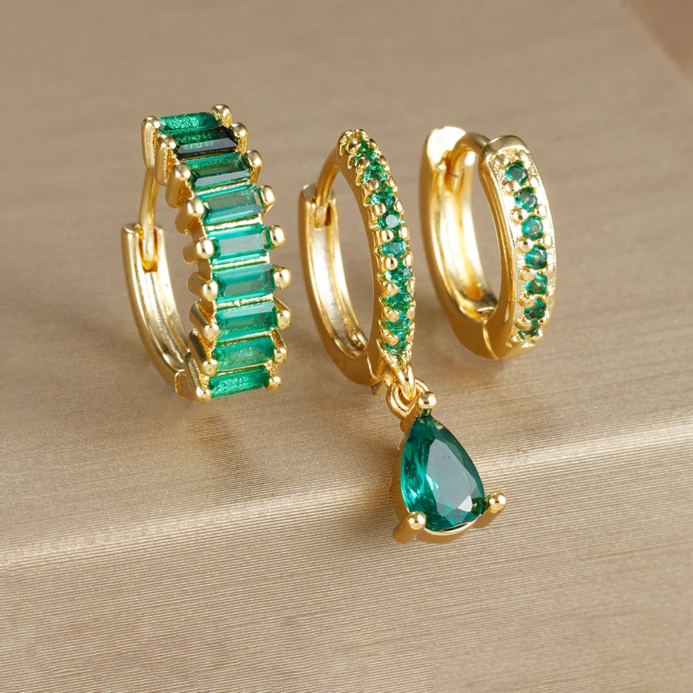 3PCS Colorful Cubic Zirconia Stainless Steel Hoop Earrings Set for Women Pendant Water Drop Earring Cartilage Piercing Jewelry