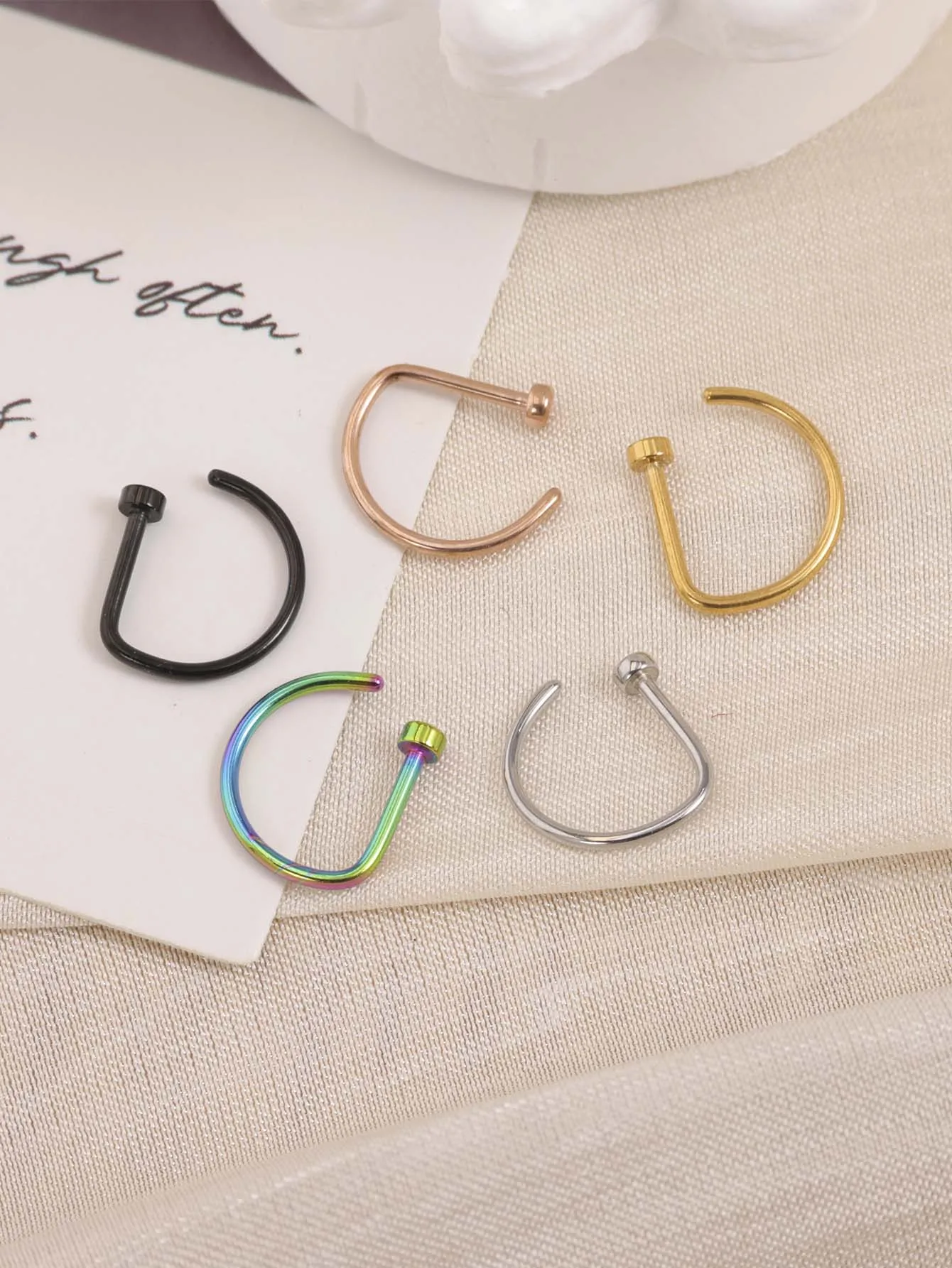 New Curved Barbells Fake Nose Piercing D Shaped Tragus Helix Stud Earring Hoop Septum Stainless Steel Ring Nostril Body Jewelry