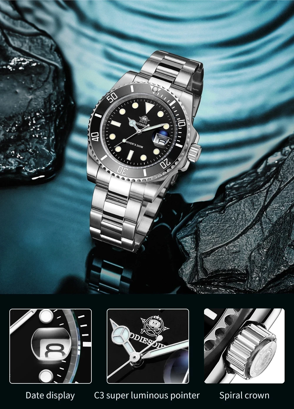 ADDIESDIVE Quartz Watch for Men 316L Stainless Steel Super Luminous Ceramic Bezel 200m Waterproof Classic Diving Men‘s Watch