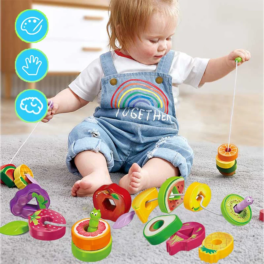 Baby Toys Shape Color Sorter, Fruits Lacing Beads for Early Learning Fine Motor Skills Training, Birthday Gifts 1-3 Years Old