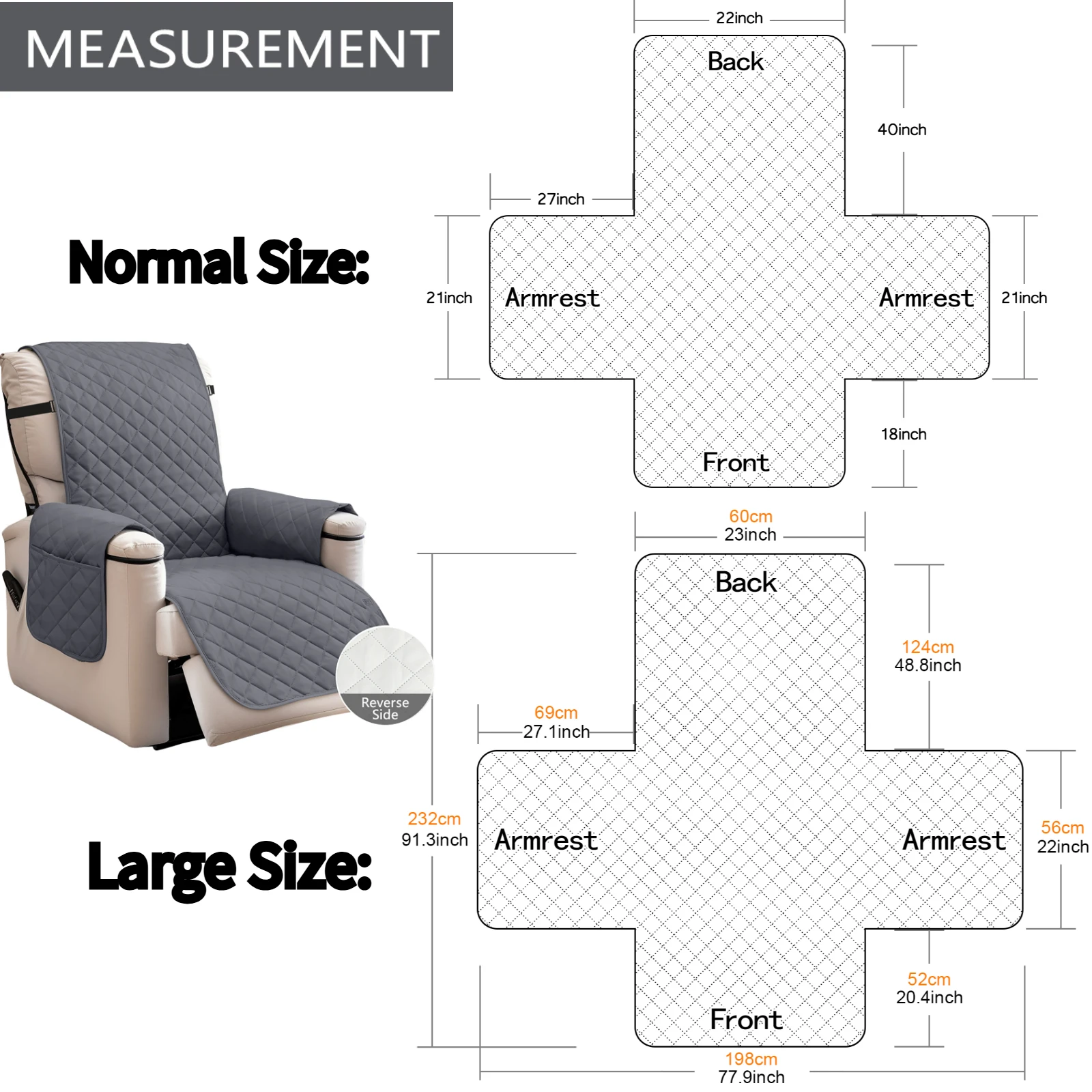 Waterproof Recliner Quilted Cover Nonslip Chair Slipcovers for Pets Dogs Kids Furniture Protector with Elastic Straps & Pockets