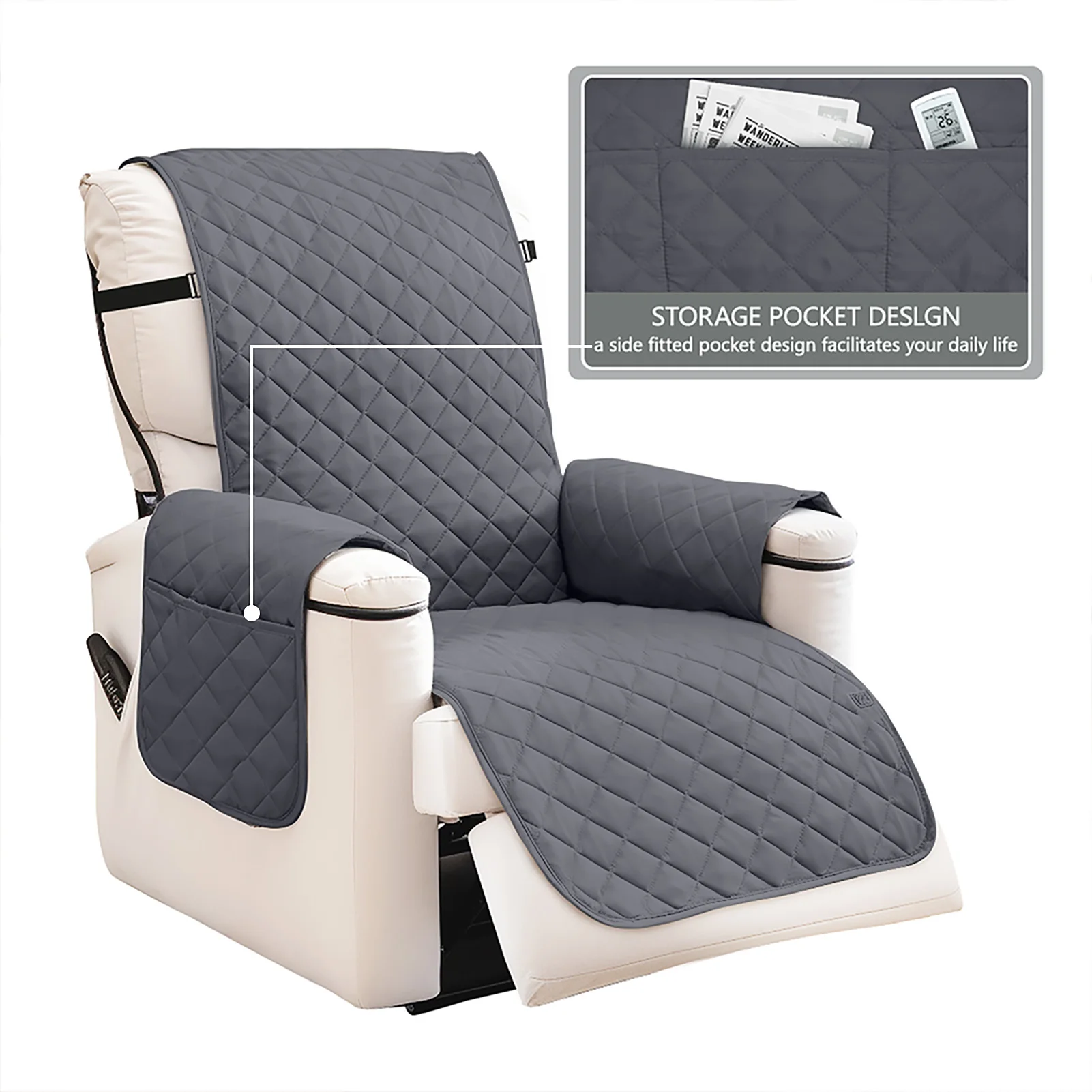 Waterproof Recliner Quilted Cover Nonslip Chair Slipcovers for Pets Dogs Kids Furniture Protector with Elastic Straps & Pockets