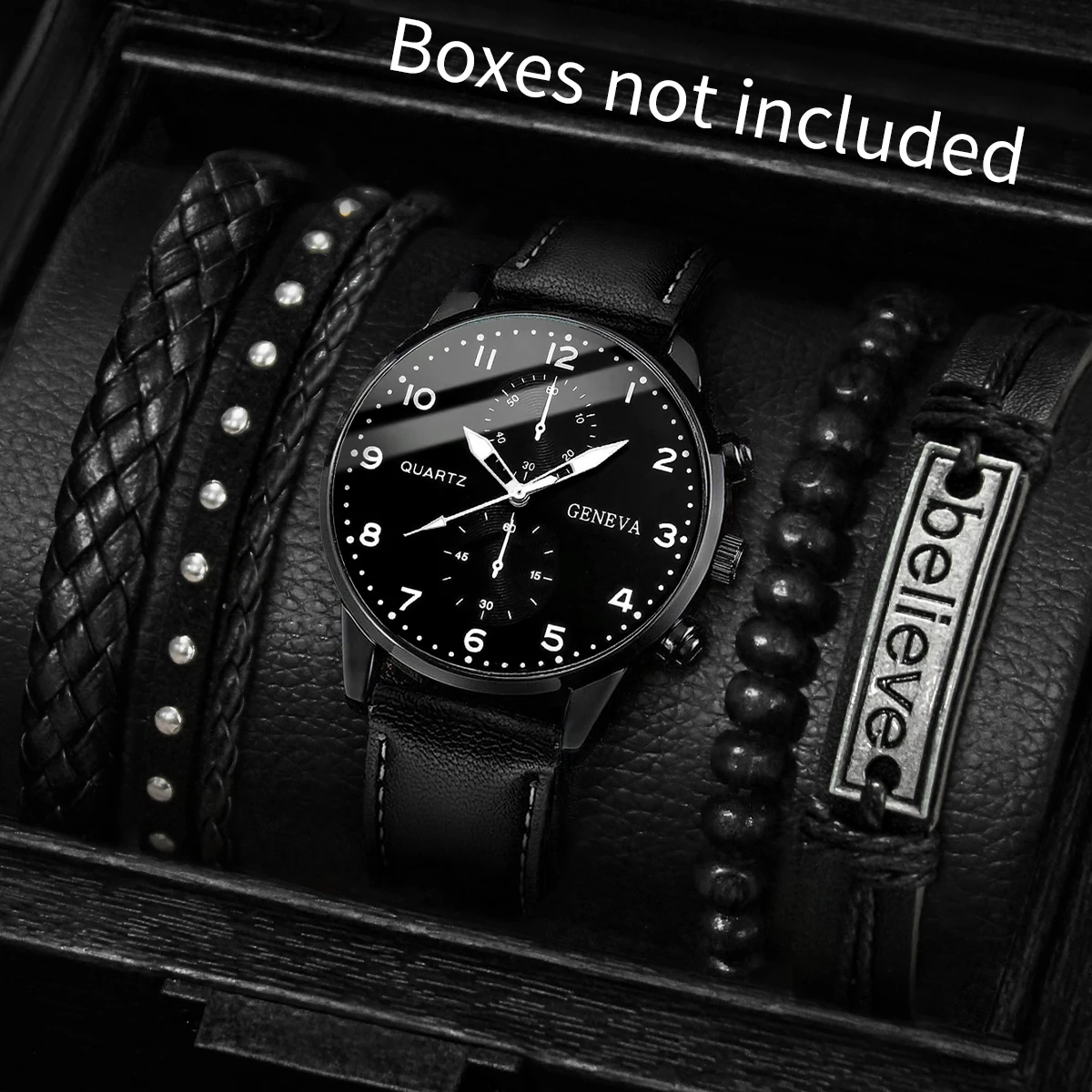 5PCS/Set Men's Business Watches Fashion Arabic Dial Leather Band Quartz Watch Bracelets Set(Without Box)