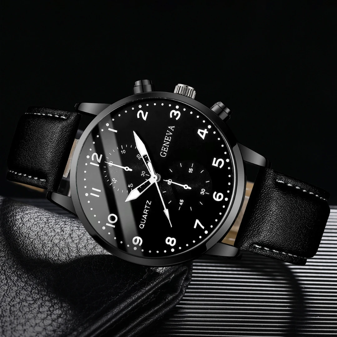 5PCS/Set Men's Business Watches Fashion Arabic Dial Leather Band Quartz Watch Bracelets Set(Without Box)