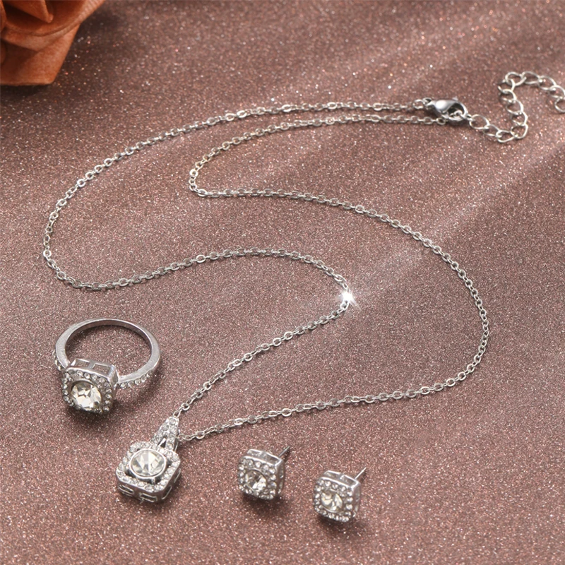 Luxury Square Zircon Crystal Earring Necklace Ring 3 Piece Set for Women Silver Color Princess Bride Wedding Banquet Jewelry Set