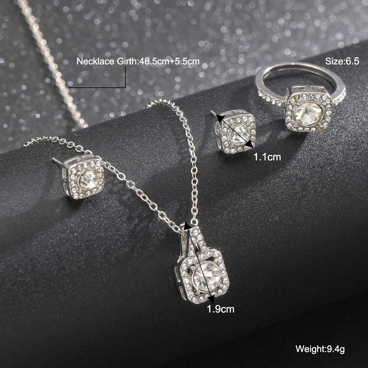 Luxury Square Zircon Crystal Earring Necklace Ring 3 Piece Set for Women Silver Color Princess Bride Wedding Banquet Jewelry Set