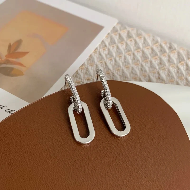 Retro Zirconia Decor Chain Design Drop Earrings Gold Silver Color Geometric Irregular Round Earrings for Women Girls Jewelry