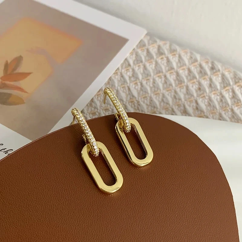 Retro Zirconia Decor Chain Design Drop Earrings Gold Silver Color Geometric Irregular Round Earrings for Women Girls Jewelry