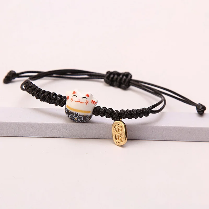 Simple Ceramic Lucky Cat Braided Bracelet for Women Men Multicolor Cute Animal Hand-Knitted Adjustable Bracelet Harajuku Jewelry