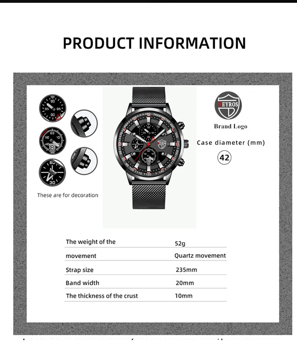 DEYROS Luxury Mens Business Quartz Wristwatch Calendar Fashion Men Casual Sports Watch for Men Gift