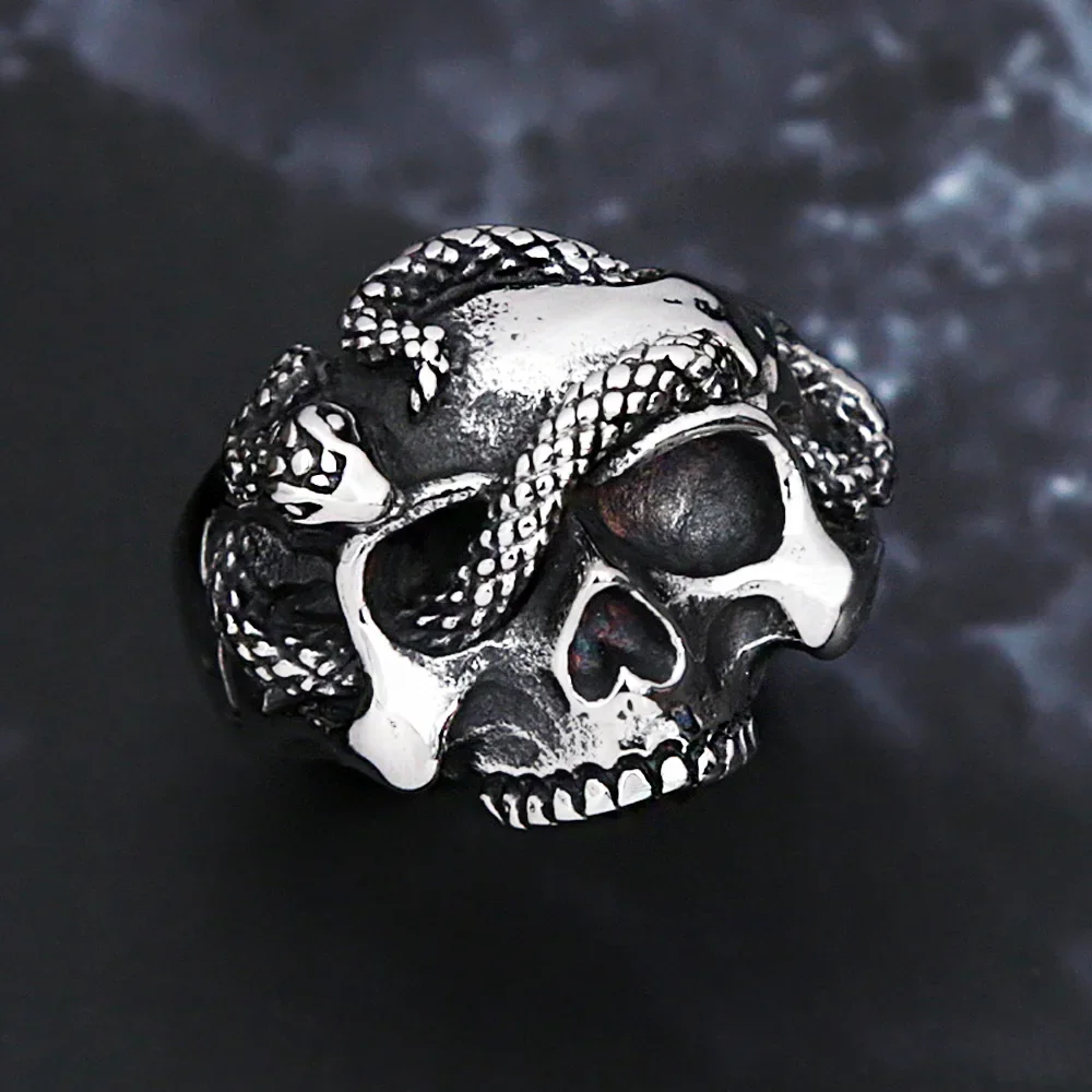 Vintage Punk Hip Hop Snake Skull Ring Stainless Steel Snake Rings For Men Biker Unique Animal Amulet Jewelry Gift Dropshipping