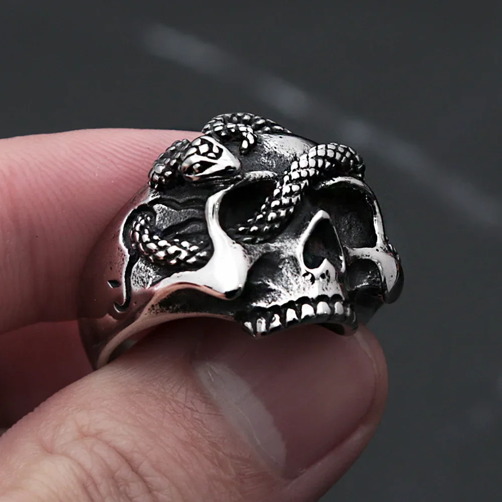 Vintage Punk Hip Hop Snake Skull Ring Stainless Steel Snake Rings For Men Biker Unique Animal Amulet Jewelry Gift Dropshipping
