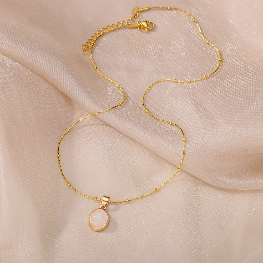Fashion Stone Opal Oval Necklace For Women Stainless Steel Gold Color Oval Stone Pendant Necklace Wedding Aesthetic Jewelry Gift