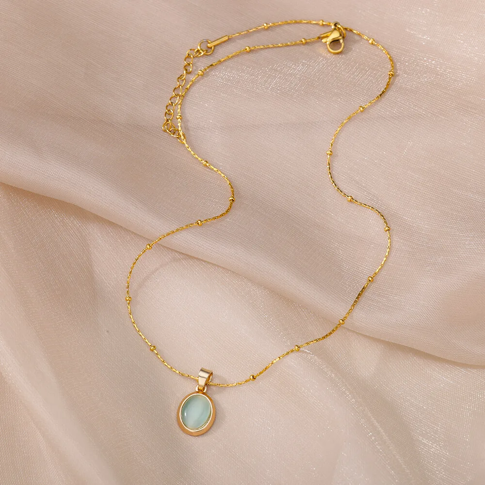 Fashion Stone Opal Oval Necklace For Women Stainless Steel Gold Color Oval Stone Pendant Necklace Wedding Aesthetic Jewelry Gift
