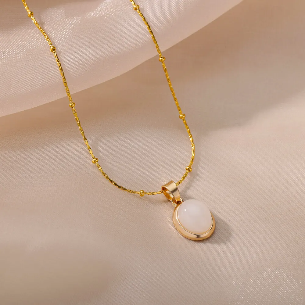 Fashion Stone Opal Oval Necklace For Women Stainless Steel Gold Color Oval Stone Pendant Necklace Wedding Aesthetic Jewelry Gift