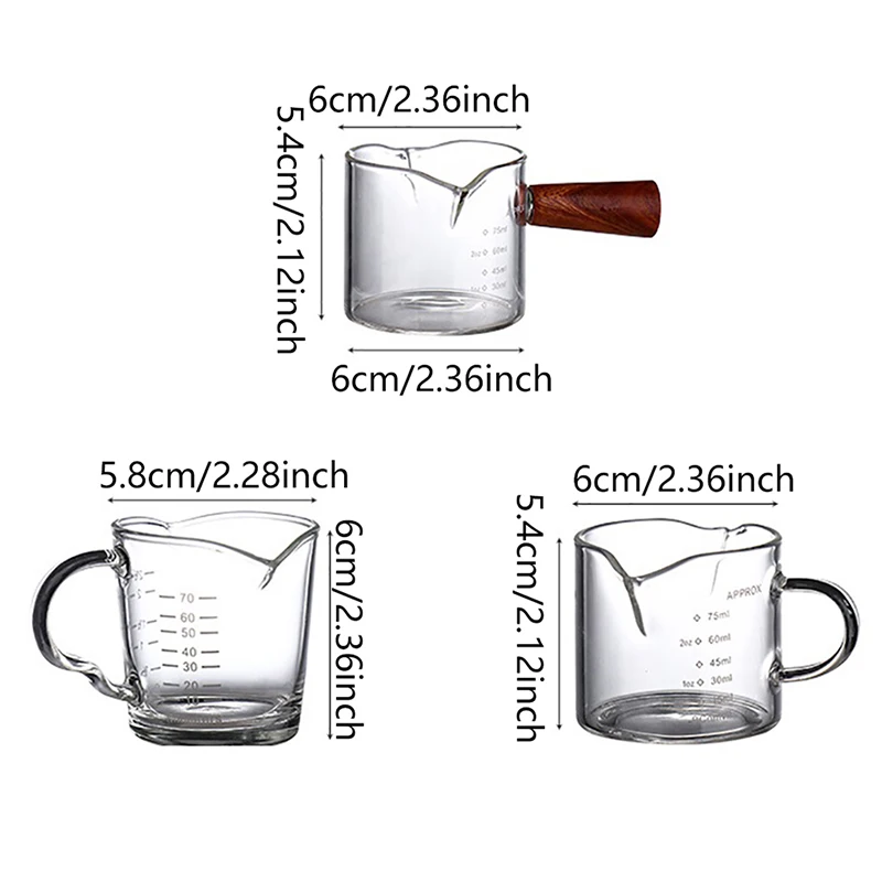 70/75ml Espresso Shot Glass Double Spout Glass Measuring Cup Heat-Resistant Handle Clear Scale Wine Milk Coffee Measure Jug