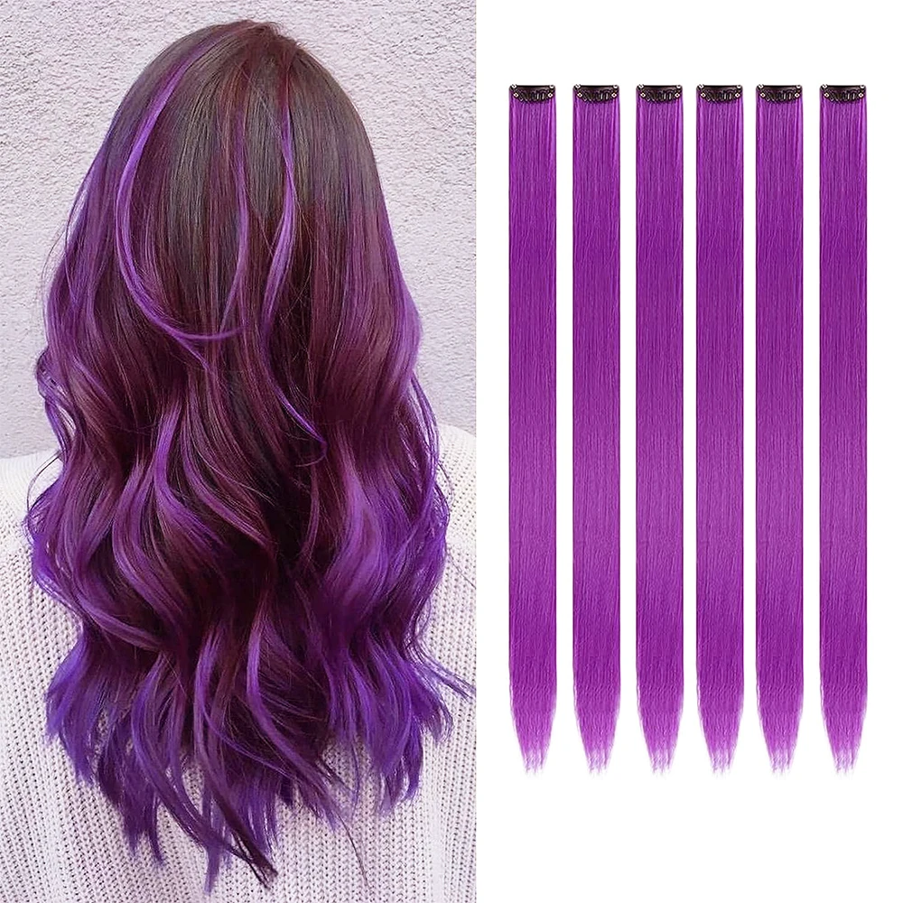 Clip in Hair Extensions 6pcs/pack Colored Party Highlights 22 Inches Multi-colors Straight Hair Synthetic Hairpieces Purple Pink