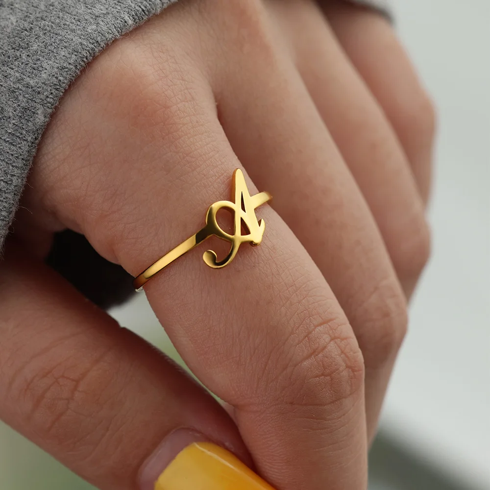 Initial Letter Rings For Women Gold Color Stainless Steel A-Z Letter Adjustable Ring Aesthetic Wedding Christmas Jewelry Gift