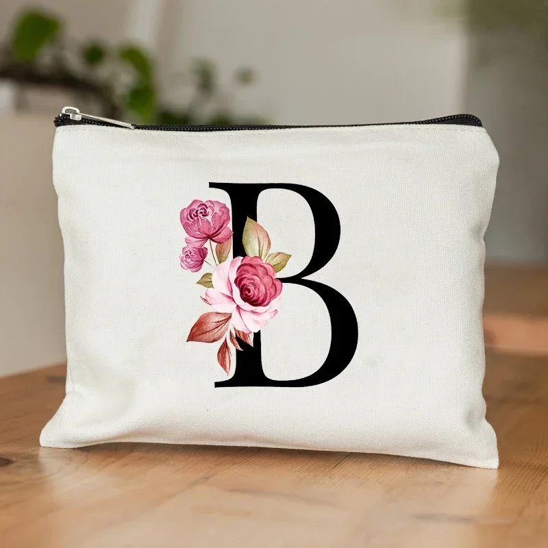 26 Letters Flower Makeup Bag Printed Bridesmaid Wedding Gift Graduation Teacher's Day Gift Storage Bag Travel Perfume Side Bag