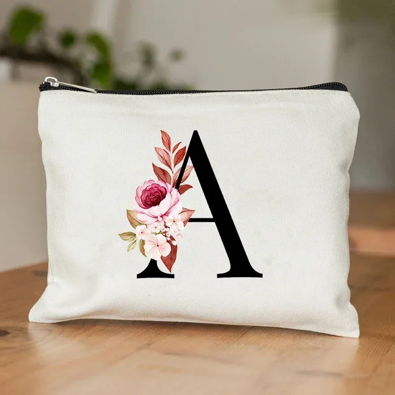 26 Letters Flower Makeup Bag Printed Bridesmaid Wedding Gift Graduation Teacher's Day Gift Storage Bag Travel Perfume Side Bag