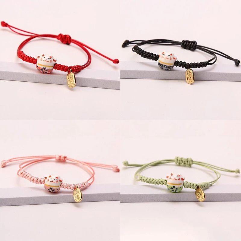 Simple Ceramic Lucky Cat Braided Bracelet for Women Cute Animal Kitten Hand-woven Adjustable Bangles Party Harajuku Jewelry Gift