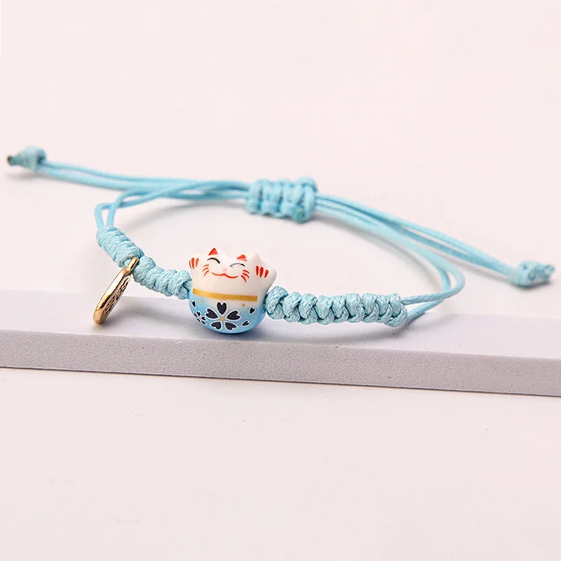 Simple Ceramic Lucky Cat Braided Bracelet for Women Cute Animal Kitten Hand-woven Adjustable Bangles Party Harajuku Jewelry Gift