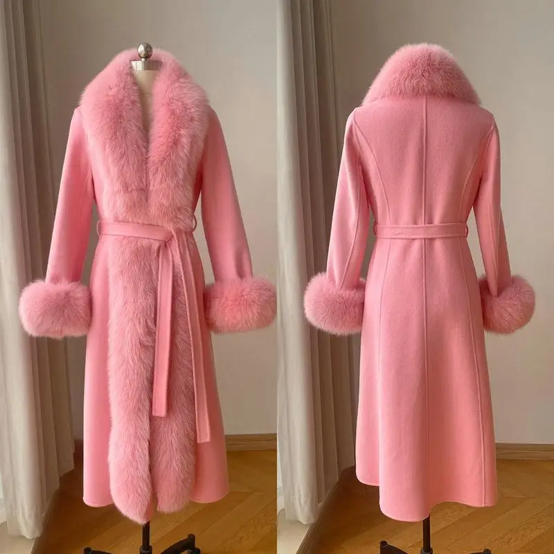 Hot Sales Double-sided Cashmere Coat Women Elegant Luxury Fox Fur Collar X-Long Over-knee Waist-Slim Large Size Woolen Coats 6XL