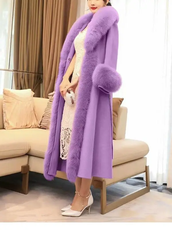 Hot Sales Double-sided Cashmere Coat Women Elegant Luxury Fox Fur Collar X-Long Over-knee Waist-Slim Large Size Woolen Coats 6XL