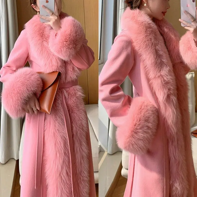 Hot Sales Double-sided Cashmere Coat Women Elegant Luxury Fox Fur Collar X-Long Over-knee Waist-Slim Large Size Woolen Coats 6XL