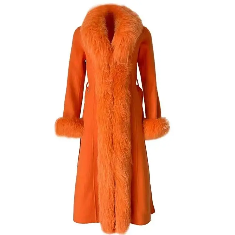 Hot Sales Double-sided Cashmere Coat Women Elegant Luxury Fox Fur Collar X-Long Over-knee Waist-Slim Large Size Woolen Coats 6XL