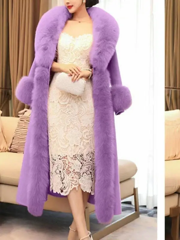 Hot Sales Double-sided Cashmere Coat Women Elegant Luxury Fox Fur Collar X-Long Over-knee Waist-Slim Large Size Woolen Coats 6XL