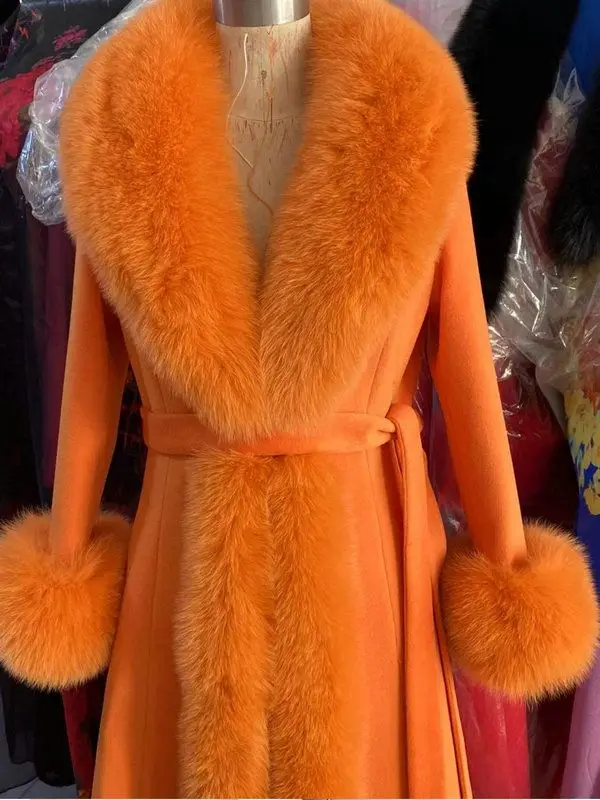 Hot Sales Double-sided Cashmere Coat Women Elegant Luxury Fox Fur Collar X-Long Over-knee Waist-Slim Large Size Woolen Coats 6XL