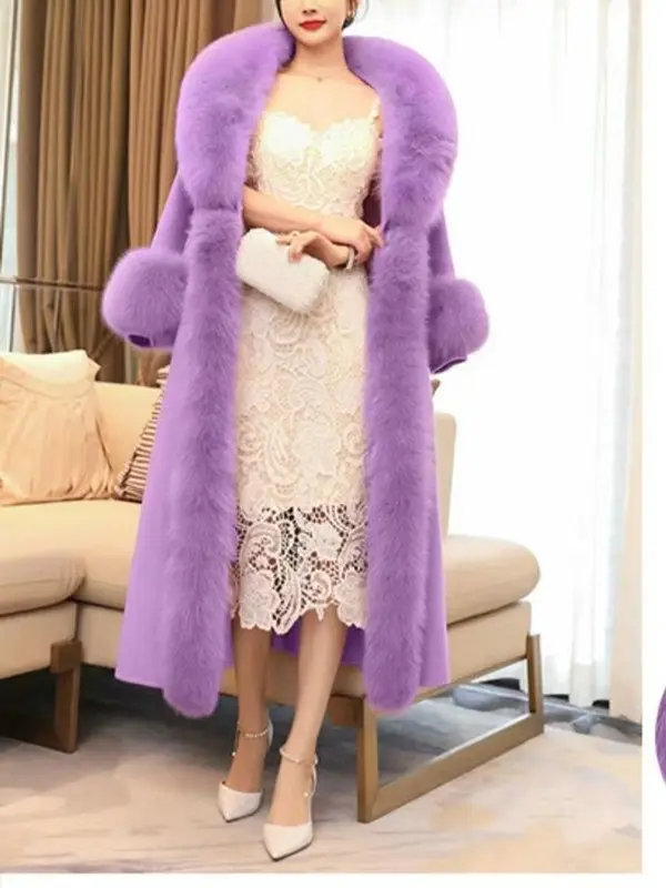 Hot Sales Double-sided Cashmere Coat Women Elegant Luxury Fox Fur Collar X-Long Over-knee Waist-Slim Large Size Woolen Coats 6XL